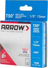 Load image into Gallery viewer, Arrow 508 Heavy Duty T50 1/2-Inch Leg Length, 3/8-Inch Crown, Staples for Upholstery, Construction, Furniture, Crafts, 1250 Count(Pack of 1)