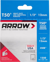 Load image into Gallery viewer, Arrow 508 Heavy Duty T50 1/2-Inch Leg Length, 3/8-Inch Crown, Staples for Upholstery, Construction, Furniture, Crafts, 1250 Count(Pack of 1)