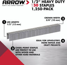 Load image into Gallery viewer, Arrow 508 Heavy Duty T50 1/2-Inch Leg Length, 3/8-Inch Crown, Staples for Upholstery, Construction, Furniture, Crafts, 1250 Count(Pack of 1)
