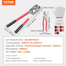 Load image into Gallery viewer, VEVOR Battery Cable Lug Crimping Tool, 10-1/0AWG with Cable Cutter and 48PCS Copper Ring Terminals, 6 Wire Sizes Crimping Die and 100pcs Heat Shrink Tubes, for Heavy Duty Wire Lugs