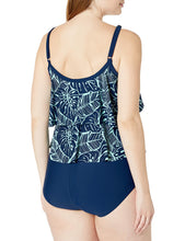 Load image into Gallery viewer, Maxine of Hollywood Women's Standard 2-Tiered Ruffle One Piece Swimsuit, Navy//Leaf a Pe, 12
