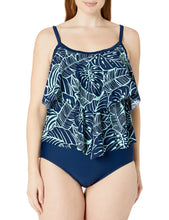 Load image into Gallery viewer, Maxine of Hollywood Women's Standard 2-Tiered Ruffle One Piece Swimsuit, Navy//Leaf a Pe, 12