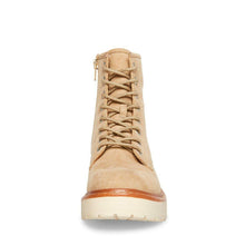 Load image into Gallery viewer, MADDEN GIRL Womens Beige Grommets At Laces 0.5" Platform Dual Closure Lug Sole Carra Almond Toe Block Heel Lace-Up Combat Boots 7.5 M