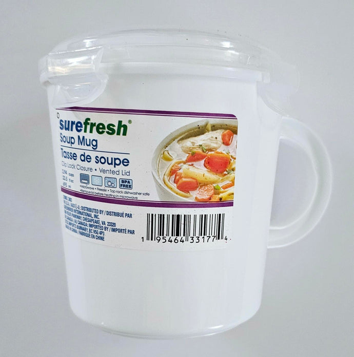 BPA Free, Microwavable Soup Mug 23.5 FL OZ- White Plastic Vented Lid Snap Lock Top Cover Easy to Open Leak Proof Food Warmer Hot Cereal Noodles Heat and Go Travel Cup Heat Proof Bowl Stew Cup