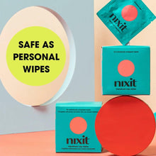 Load image into Gallery viewer, nixit Menstrual Cup Wipes | Feminine Cleansing Wipes for Period Cups &amp; Vulvas | Fragrance-Free | pH Balanced | Biodegradable | Plant-Based &amp; Vegan | 15 On-The-Go Individually Wrapped Wipes (pack of 2)