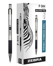 Load image into Gallery viewer, Zebra Pen F-301 Retractable Ballpoint Pen, Stainless Steel Barrel, Fine Point, Black Ink, 12-Pack, Model Number: 27110