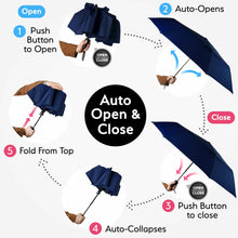 Load image into Gallery viewer, TUMELLA Strongest Windproof Travel Umbrella (Compact, Superior &amp; Beautiful), Small Strong but Light Portable and Automatic Folding Rain Umbrella, Durable Premium Grip, Fits Car &amp; Backpack