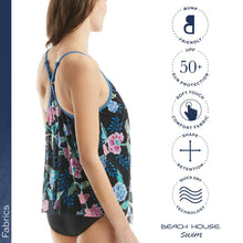 Load image into Gallery viewer, Ruffle Mesh Layer Underwire Tankini Top — Flattering Floral Swimsuit Top — Black 10