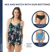 Load image into Gallery viewer, Ruffle Mesh Layer Underwire Tankini Top — Flattering Floral Swimsuit Top — Black 10