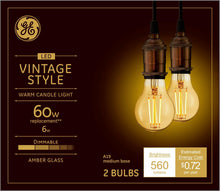 Load image into Gallery viewer, GE Lighting 42162 Amber Glass Light Bulb Dimmable LED Vintage Style A19 6 (60-Watt Replacement), 560-Lumen Medium Base, 2-Pack, Warm Candle