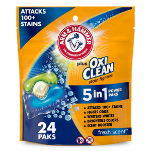 ARM & HAMMER Plus OxiClean Stain Fighters: 5-in-1 Laundry Detergent Power Paks, Laundry Stain Remover, Attacks 100 Plus Stains, Fresh Scent, 24 Count