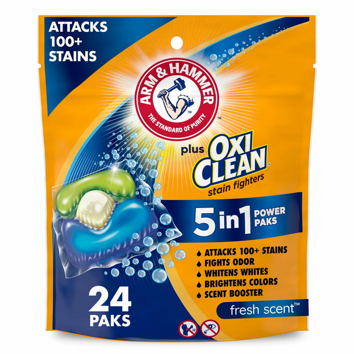 ARM & HAMMER Plus OxiClean Stain Fighters: 5-in-1 Laundry Detergent Power Paks, Laundry Stain Remover, Attacks 100 Plus Stains, Fresh Scent, 24 Count