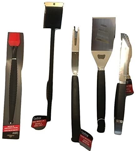 Deluxe BBQ Utensil Cooking Set Tongs Spatula Fork Basting Brush & Grill Brush