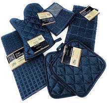 Load image into Gallery viewer, Kitchen Towel Set with 2 Quilted Pot Holders, Oven Mitt, Dish Towel, Dish Drying Mat, 2 Microfiber Scrubbing Dishcloths (Black)