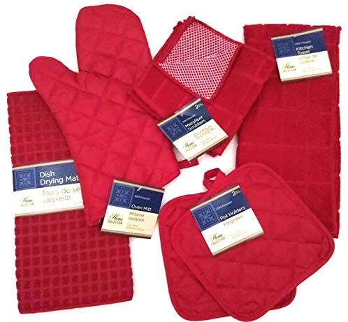 This (Red) Kitchen Starter Set Has Oven Mitts, Pot Holders, Kitchen Towels, Micro-Scrubber Dish Cloths, A Drying Mat