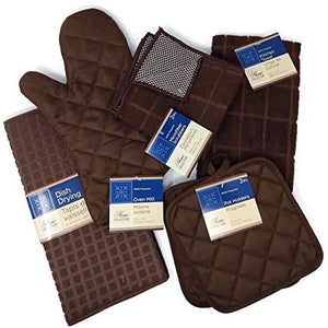 Kitchen Towel Set with 2 Quilted Pot Holders, Oven Mitt, Dish Towel, Dish Drying Mat, 2 Microfiber Scrubbing Dishcloths (Black)