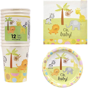 Oh Baby Gender Neutral Gender Reveal Safari Jungle Baby Shower Party Supplies Set! Paper Plates Paper Cups Napkins! Party Animals For Baby Shower For Boy Or Girl!