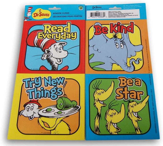 Dr. Seuss Cat in The Hat, Horton, Green Eggs & Ham, Sneeches Vinyl Window Clings Classroom Decor (Read Every Day, Be Kind, Try New Things, Be a Star)