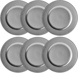Round Beaded Decorative Charger Plates, 13 Inches Round, Set of 6, for Dining Table or Décor (Silver)