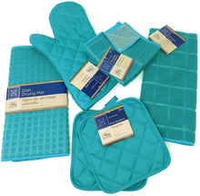 Load image into Gallery viewer, Kitchen Towel Set with 2 Quilted Pot Holders, Oven Mitt, Dish Towel, Dish Drying Mat, 2 Microfiber Scrubbing Dishcloths (Black)