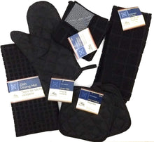 Load image into Gallery viewer, Kitchen Towel Set with 2 Quilted Pot Holders, Oven Mitt, Dish Towel, Dish Drying Mat, 2 Microfiber Scrubbing Dishcloths (Black)