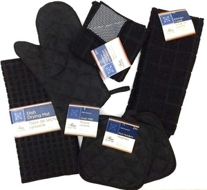 Kitchen Towel Set with 2 Quilted Pot Holders, Oven Mitt, Dish Towel, Dish Drying Mat, 2 Microfiber Scrubbing Dishcloths (Black)