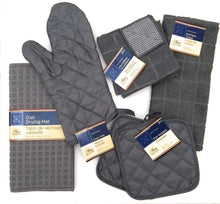 Load image into Gallery viewer, Kitchen Towel Set with 2 Quilted Pot Holders, Oven Mitt, Dish Towel, Dish Drying Mat, 2 Microfiber Scrubbing Dishcloths (Black)
