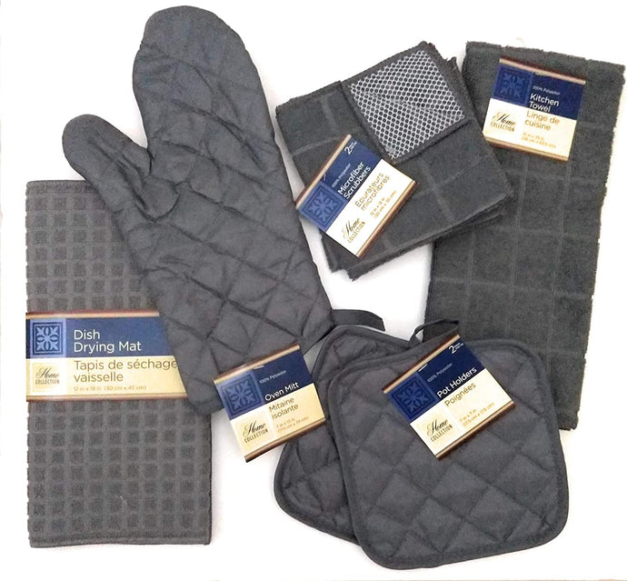 Kitchen Towel Set with 2 Quilted Pot Holders, Oven Mitt, Dish Towel, Dish Drying Mat, 2 Microfiber Scrubbing Dishcloths (Black)