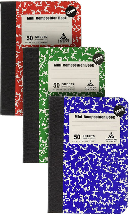 Mini Composition Book, Note Pad, 3 Pack in 3 different color Red, Green & Blue