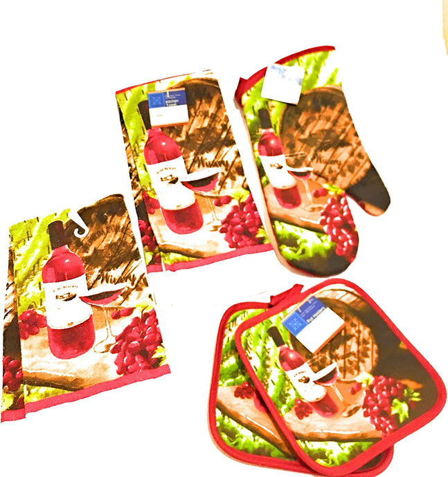 Home Collection Wine Themed Kitchen Towel Set with 2 Quilted Pot Holders, 2 Dish Towels and 1 Oven Mitt (red)